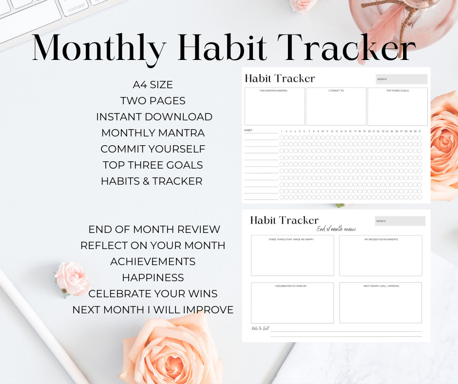 monthly habit tracker printable a4 size a tool to help create good daily habits for lifestyle, business, fitness and health, family